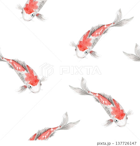 Seamless koi fish pattern, Japanese carp swimming, oriental pond style. Watercolor illustration isolated on white, repeating nature background for textile, wallpaper, packaging, wrapping paper, design Seamless koi fish pattern, Japanese carp swimming, oriental pond style. Watercolor illustration isolated on white, repeating nature background for textile, wallpaper, packaging, wrapping paper, design 137726147
