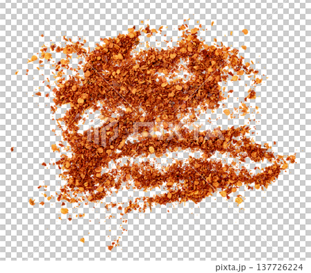 Pile of crushed red chili flakes and seeds scattered. Top view of spicy condiment powder used for cooking and seasoning. Isolated culinary ingredient for food design. Pile of crushed red chili flakes and seeds scattered. Top view of spicy condiment powder used for cooking and seasoning. Isolated culinary ingredient for food design. 137726224