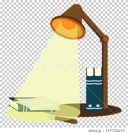 閱讀空間的插圖，包括檯燈、書籍和鋼筆。 137726237