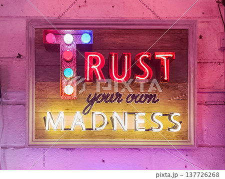 Trust your own madness neon sign display at Gods Own Junkyard, London, UK Trust your own madness neon sign display at Gods Own Junkyard, London, UK 137726268