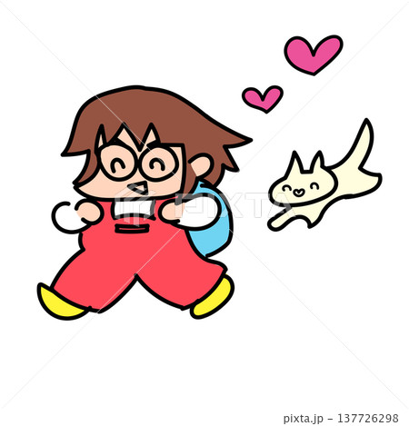 ランドセルを背負って元気に登校する小学生とねこ ランドセルを背負って元気に登校する小学生とねこ 137726298
