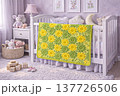 A knitted throw with a floral pattern on a sofa in a bright living room. AI 137726506