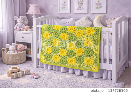 A knitted throw with a floral pattern on a sofa in a bright living room. AI A knitted throw with a floral pattern on a sofa in a bright living room. AI 137726506