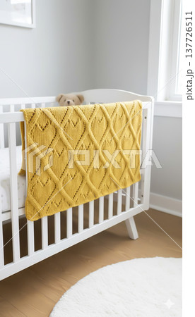 A knitted throw with a floral pattern on a sofa in a bright living room. AI 137726511