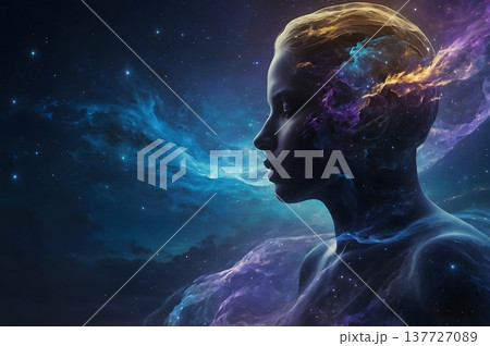 Human head silhouette with cosmic universe and stars 137727089