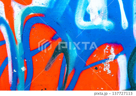 Vibrant blue and orange graffiti on urban wall, abstract street art texture Vibrant blue and orange graffiti on urban wall, abstract street art texture 137727113