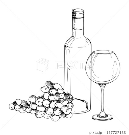 Vintage composition with long neck wine bottle, balloon glass and grape berries bunch. Clean isolated ink vector illustration hand drawn for winery logos, wine shop decor, labels, marketing materials. Vintage composition with long neck wine bottle, balloon glass and grape berries bunch. Clean isolated ink vector illustration hand drawn for winery logos, wine shop decor, labels, marketing materials. 137727188