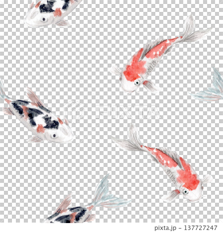 Seamless koi fish pattern with Japanese carp in red, black and white colors. Watercolor illustration isolated on white, repeating background for textile, wallpaper, wrapping paper, packaging, design 137727247