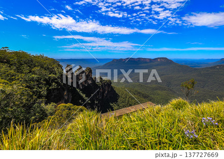Iconic view of the Three Sisters rock formation and Jamison Valley from Echo Point lookout in the Blue Mountains, New South Wales, Australia, with sandstone cliffs and expansive valley landscape. Iconic view of the Three Sisters rock formation and Jamison Valley from Echo Point lookout in the Blue Mountains, New South Wales, Australia, with sandstone cliffs and expansive valley landscape. 137727669