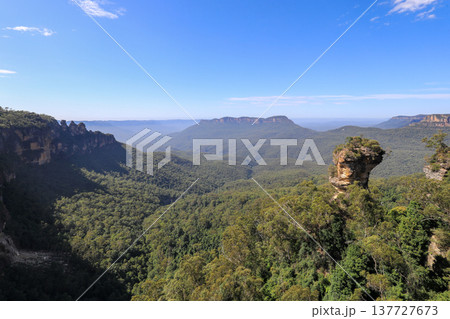 Iconic view of the Three Sisters rock formation and Jamison Valley from Echo Point lookout in the Blue Mountains, New South Wales, Australia, with sandstone cliffs and expansive valley landscape. 137727673