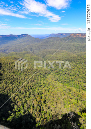Iconic view of the Three Sisters rock formation and Jamison Valley from Echo Point lookout in the Blue Mountains, New South Wales, Australia, with sandstone cliffs and expansive valley landscape. 137727676