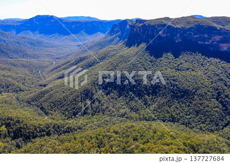 Scenic view across the Blue Mountains landscape from Evans Lookout in Blackheath, New South Wales, Australia, overlooking the Grose Valley with cliffs, forest and expansive mountain scenery. 137727684