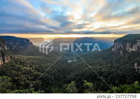 Sunrise light illuminating the Grose Valley viewed from Govetts Leap Lookout in the Blue Mountains of New South Wales, Australia, with cliffs, forested valley and morning sky. Sunrise light illuminating the Grose Valley viewed from Govetts Leap Lookout in the Blue Mountains of New South Wales, Australia, with cliffs, forested valley and morning sky. 137727708