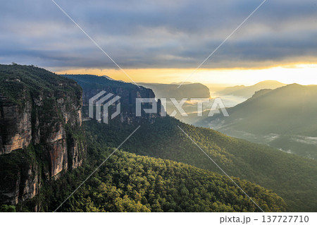 Sunrise light illuminating the Grose Valley viewed from Govetts Leap Lookout in the Blue Mountains of New South Wales, Australia, with cliffs, forested valley and morning sky. Sunrise light illuminating the Grose Valley viewed from Govetts Leap Lookout in the Blue Mountains of New South Wales, Australia, with cliffs, forested valley and morning sky. 137727710