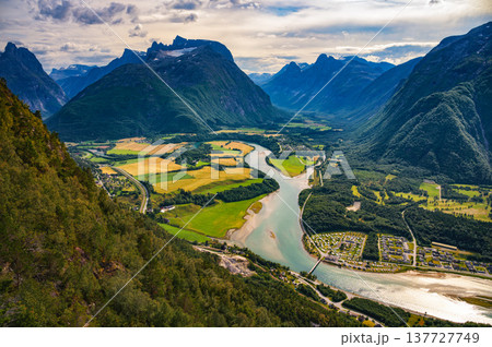 Aerial View of Romsdalen Valley and Rauma River from Nesaksla, Norway Aerial View of Romsdalen Valley and Rauma River from Nesaksla, Norway 137727749