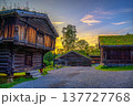 Sunset Over Historic Wooden Houses in Maihaugen, Lillehammer, Norway 137727768