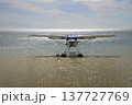 Single-Engine Seaplane on Calm Sea off Beach in Mauritius, Africa 137727769