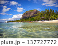 Tropical beach with boats, palm trees, and Le Morne Brabant mountain, Mauritius 137727772