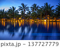 Resort swimming pool in Mauritius with palm trees and lights after sunset. 137727779