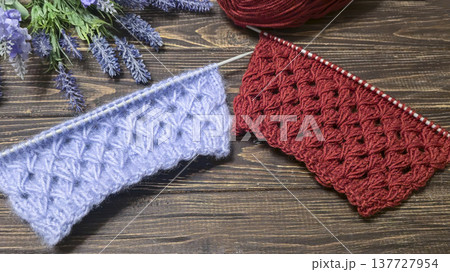 Knitting patterns with a raised pattern and yarn on a dark background Terracotta Knitting patterns with a raised pattern and yarn on a dark background Terracotta 137727954