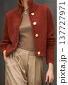 A girl wearing colorful knitwear. Fashionable design, modeling sample. 137727971