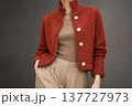 A girl wearing colorful knitwear. Fashionable design, modeling sample. 137727973