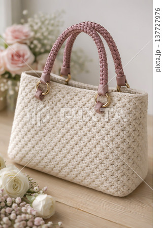Women's colorful knitted bag. Fashionable design, sample for demonstration. AI Women's colorful knitted bag. Fashionable design, sample for demonstration. AI 137727976