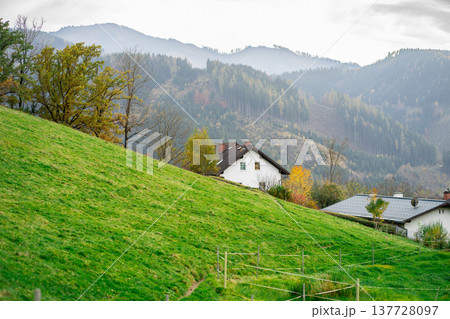 Landscape in the Alps with fresh green meadows against the background of mountains Landscape in the Alps with fresh green meadows against the background of mountains 137728097
