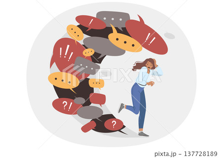 Information overload causes panic in woman fleeing wave of dialogue bubbles and conversation clouds Information overload causes panic in woman fleeing wave of dialogue bubbles and conversation clouds 137728189