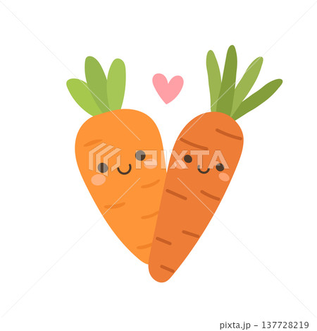 Cute carrot cartoon pair with smiling faces and green leaves, playful vegetable illustration about healthy food, farming and nutrition, perfect for kids design, recipes and gardening blogs Cute carrot cartoon pair with smiling faces and green leaves, playful vegetable illustration about healthy food, farming and nutrition, perfect for kids design, recipes and gardening blogs 137728219