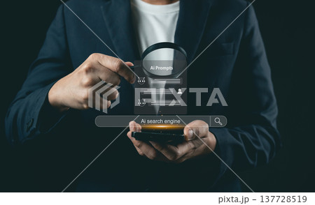 Hands holding smartphone displaying AI prompts overlay with search functionality, symbolizing technology and innovation in AI research Hands holding smartphone displaying AI prompts overlay with search functionality, symbolizing technology and innovation in AI research 137728519