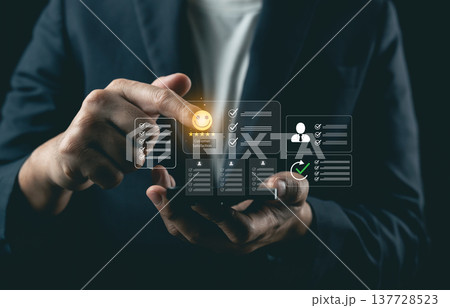 Digital interface of customer satisfaction metrics displayed on smartphone screen with focused hand interaction in a professional setting Digital interface of customer satisfaction metrics displayed on smartphone screen with focused hand interaction in a professional setting 137728523