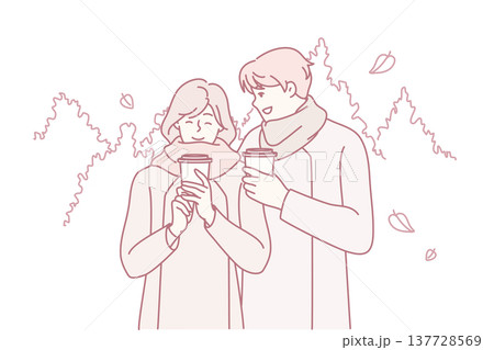 Smiling an and woman in warm clothes walking in autumn park and drinking hot coffee. Vector image 137728569