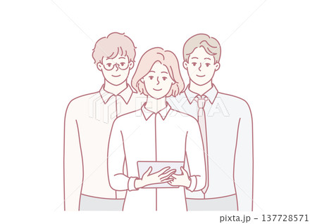Team young professionals from woman with tablet and two men in business clothes. Vector image 137728571