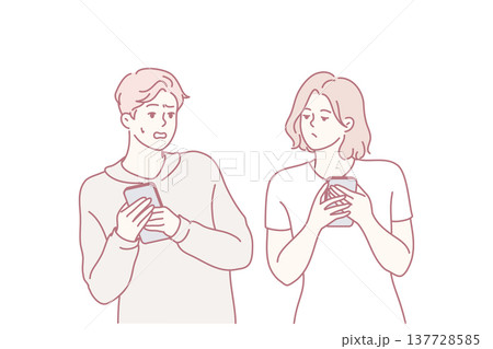 Man hides mobile phone from curious woman peeping and exploding in private space. Vector image 137728585