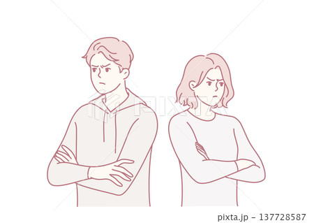 Young family man and woman stand in offended pose after quarrel or disagreement. Vector image 137728587