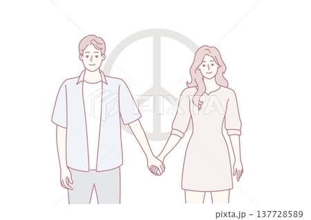 Man and woman dressed in casual style hold hands standing near symbol of pacifism. Vector image Man and woman dressed in casual style hold hands standing near symbol of pacifism. Vector image 137728589
