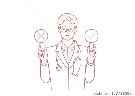 Man doctor with stethosop around neck demonstrates signs with check mark and cross. Vector image 137728590