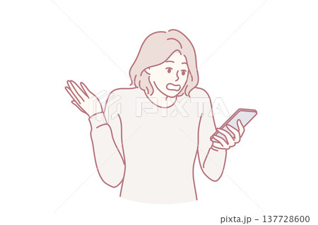 Puzzled woman holding phone and reading unpleasant SMS from bank makes wave of hand. Vector image Puzzled woman holding phone and reading unpleasant SMS from bank makes wave of hand. Vector image 137728600