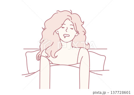 Disheveled woman in nightgown sits in bed after abrupt awakening or unpleasant dreams. Vector image 137728601