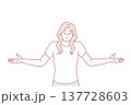 Unsure woman throws up hands demonstrating lack of correct answer to question asked. Vector image 137728603