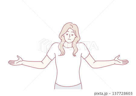 Unsure woman throws up hands demonstrating lack of correct answer to question asked. Vector image 137728603