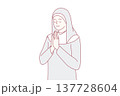 Positive woman in clothes of catholic nun closing eyes praying turning to God. Vector image 137728604