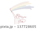 Happy teenage girl paints rainbow in sunny sky with brush and palette. Vector design 137728605