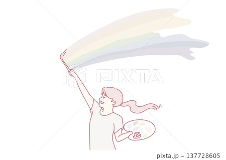 Happy teenage girl paints rainbow in sunny sky with brush and palette. Vector design 137728605