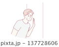 Embarrassed man leaned against door, wanting to eavesdrop on someone else secret. Vector image 137728606