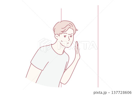 Embarrassed man leaned against door, wanting to eavesdrop on someone else secret. Vector image 137728606