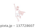 Teenager boy in superhero cape stretches hand up and represents flight to save people. Vector image 137728607