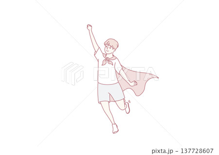 Teenager boy in superhero cape stretches hand up and represents flight to save people. Vector image 137728607