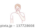 Dissatisfied man pinching nose with hand suffering from unpleasant smell of sweat. Vector image 137728608